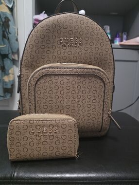 GUESS Monogram Mini Backpack & Wallet - Taupe Brown